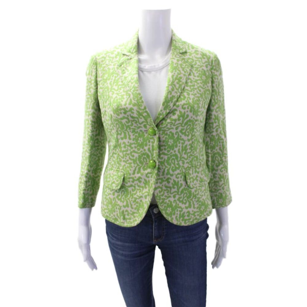 J Crew Womens Linen Printed Two Button Long Sleeve Blazer Green Size 0